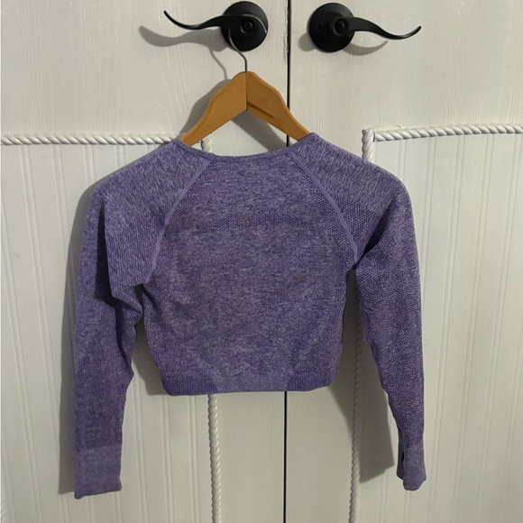 Long Sleeve Crop Top Gym Workout Shirt - Breathable - Medium - Purple - Picture 5 of 5